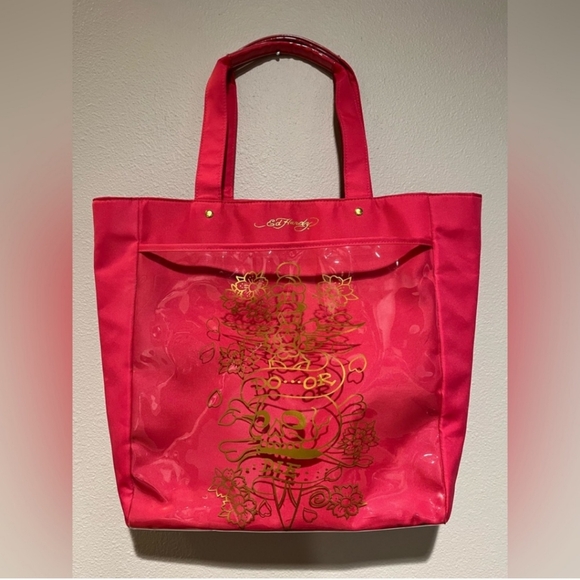 ED HARDY Pink Beach Tote Travel Bag - Gold Skull & Flowers Design Do or Die EUC - Picture 1 of 6